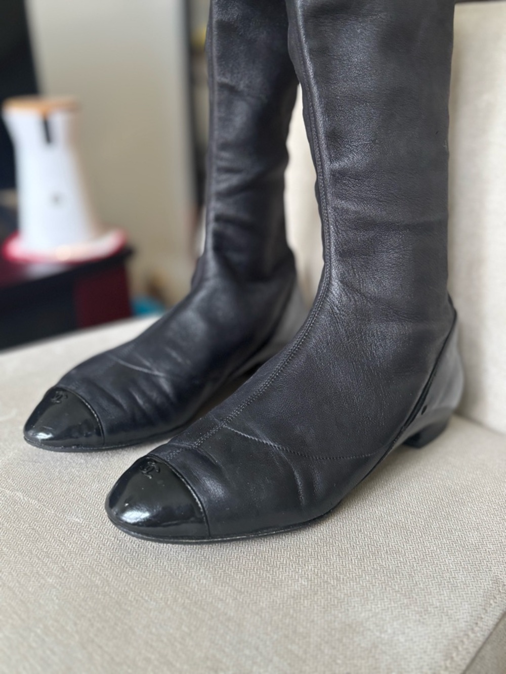 CHANEL Black Leather Riding Boots/Flats with Patent Cap Toe - Picture 3 of 7